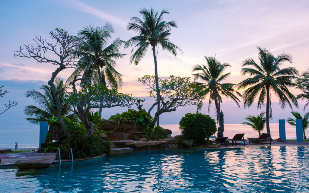 Topical swimming pool with palm